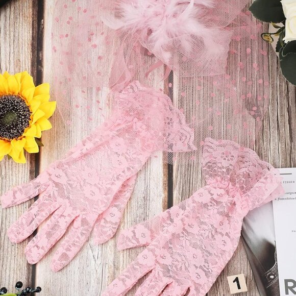 Women Fascinators Hats Set Pink Lace Gloves Pearl Jewelry for Tea Party - Picture 7 of 7